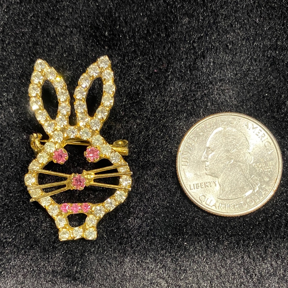 Gold, Rhinestone and Pink Crystal Rabbit Brooch - Picture 3 of 6